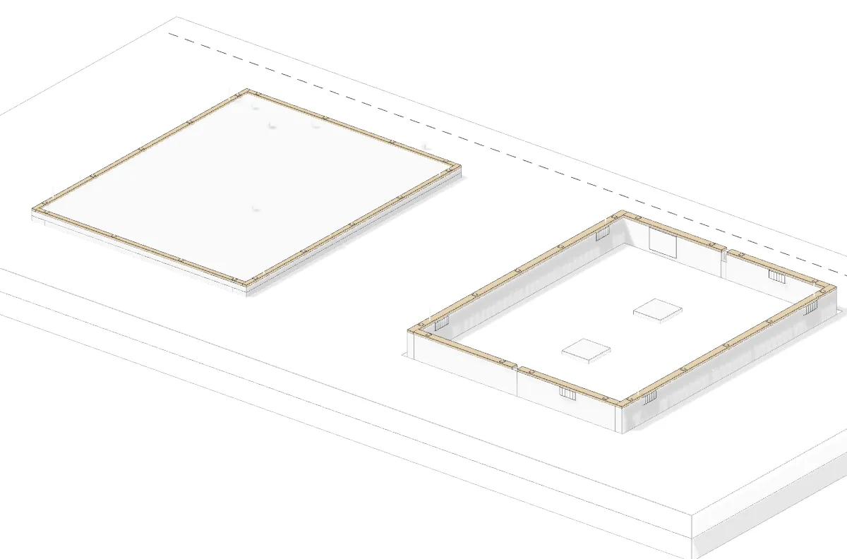3D render of two new foundations side by side: a concrete slab and a raised-floor stem wall, both with wood mudsills bolted down